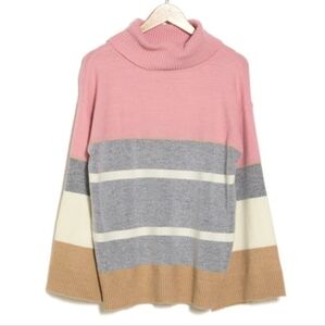 H HALSTON Sweater Cowl Neck Pink Gray Tan Stripe Combo Size XL